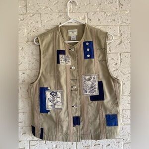 Vintage 90’s Patchwork Embroidered Susan Bristol Tan and Navy Vest Size Medium